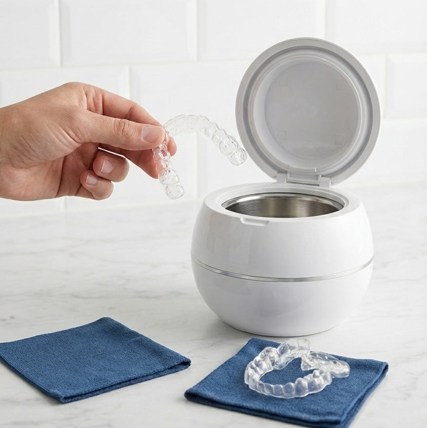 The PureDental Cleaner beside clear aligners on a cloth