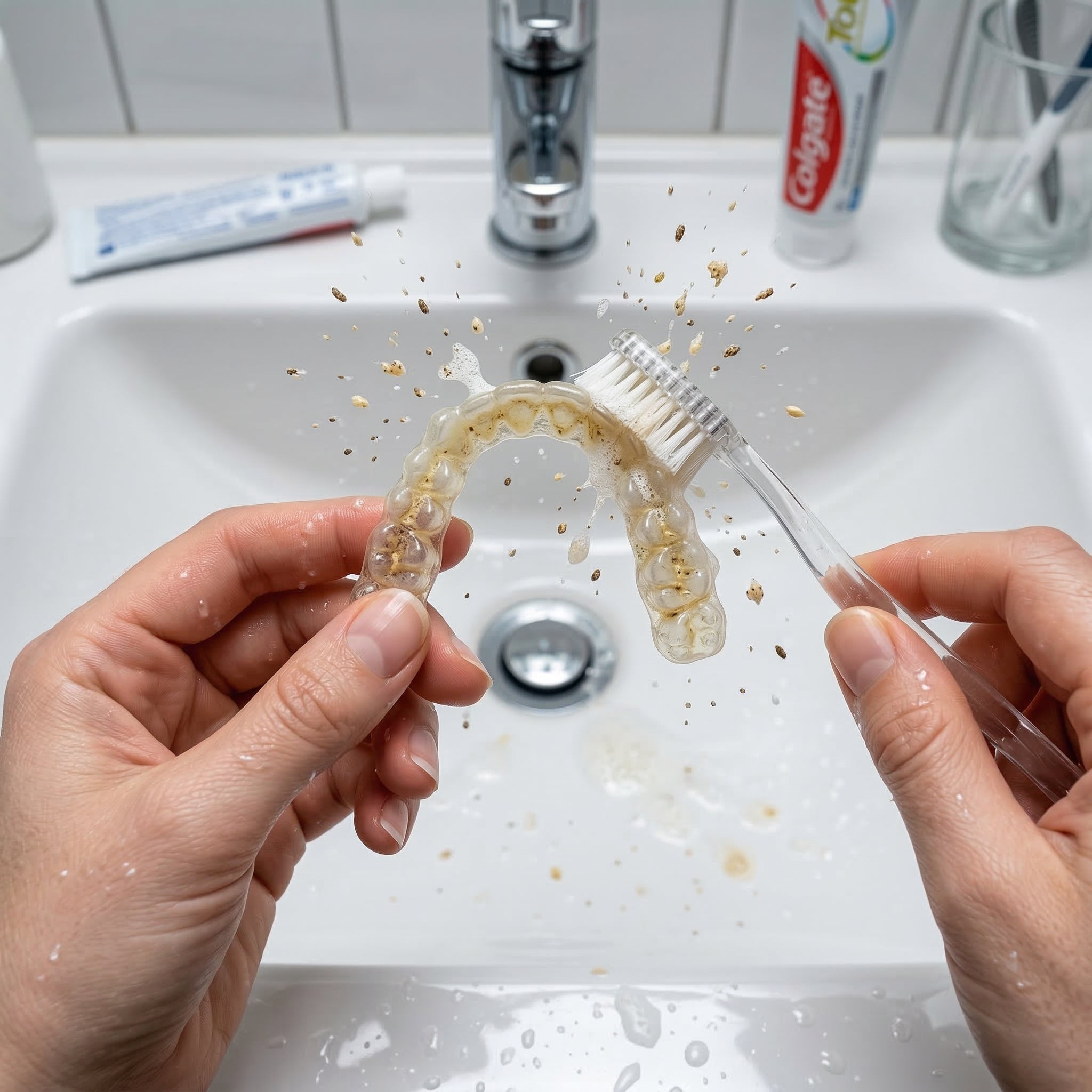 A toothbrush scrubbing a clear aligner