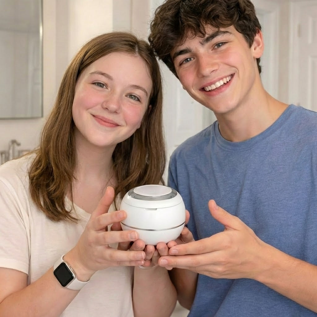 Two teens holding a PureDental Cleaner