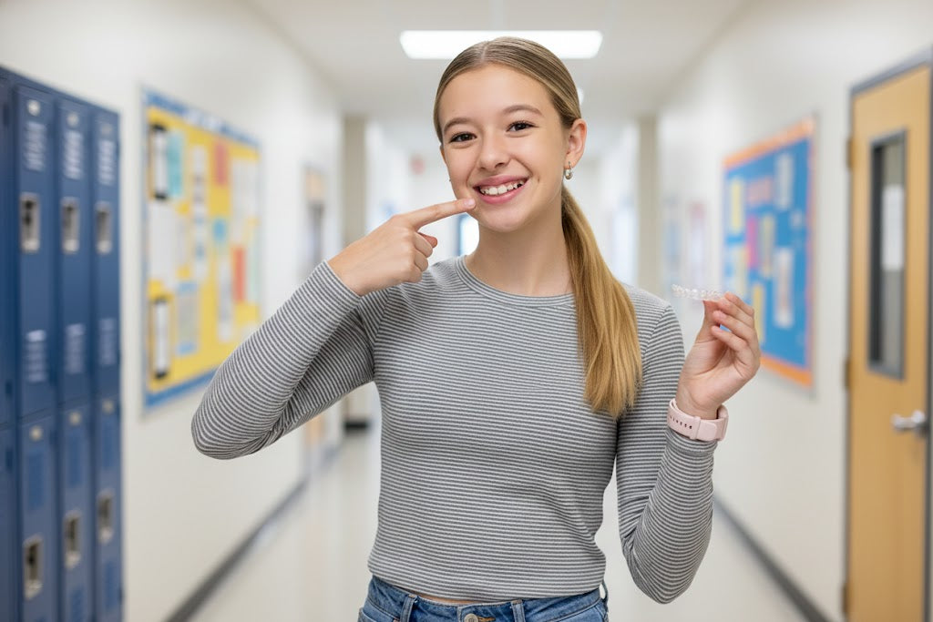 A girl smiling in a school hallway