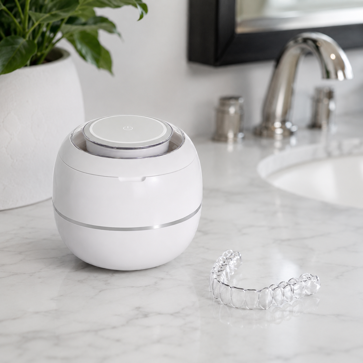 The white PureDental Cleaner on a bathroom counter beside a clear aligner