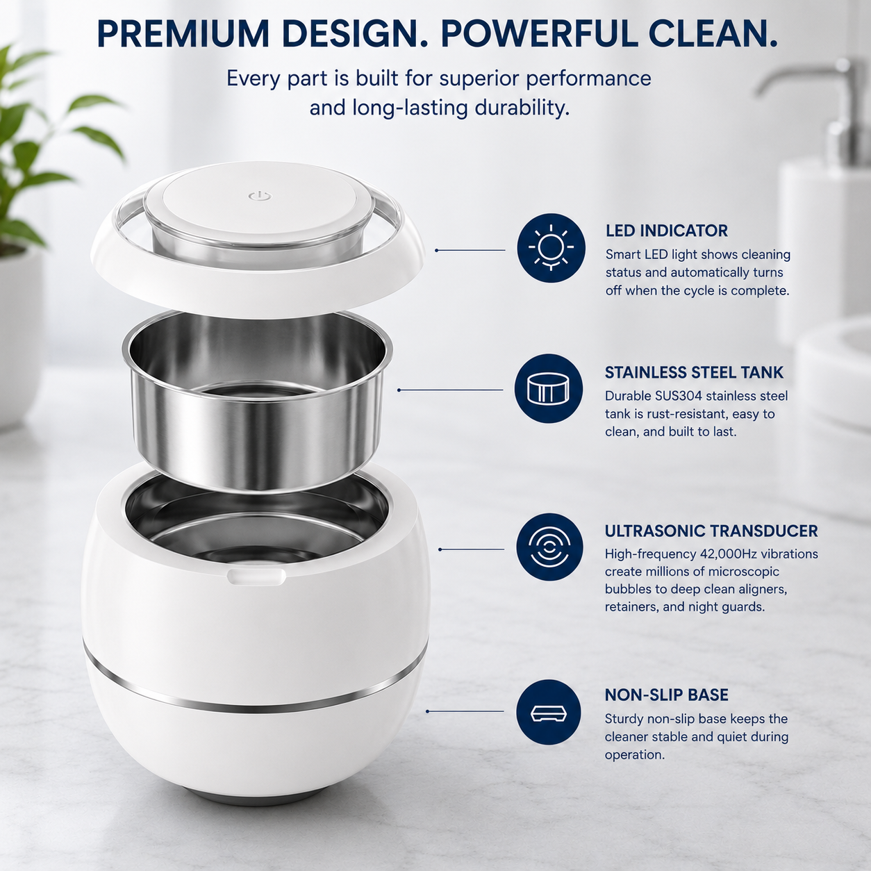 Exploded view of the PureDental Cleaner's design