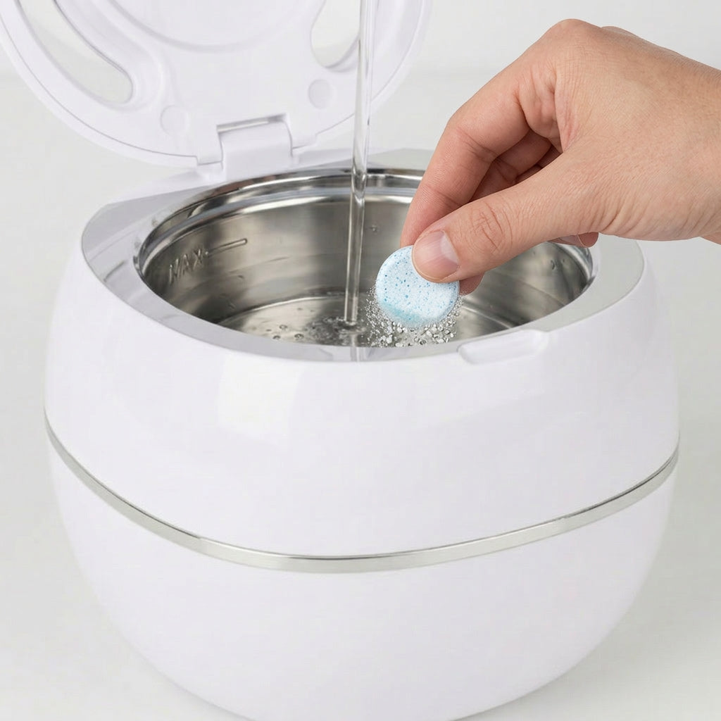 Dropping a Sterilizing Tablet into the PureDental Cleaner
