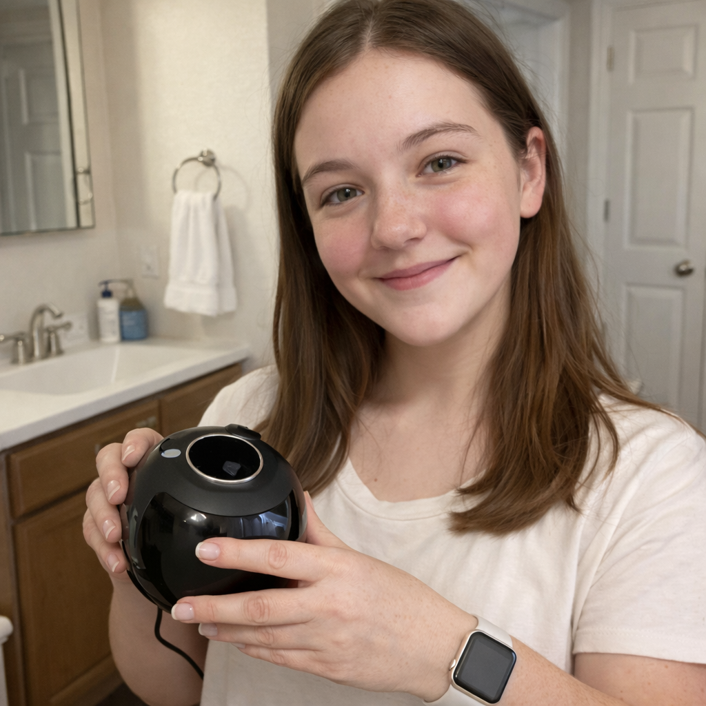 A teen holding a PureDental Cleaner