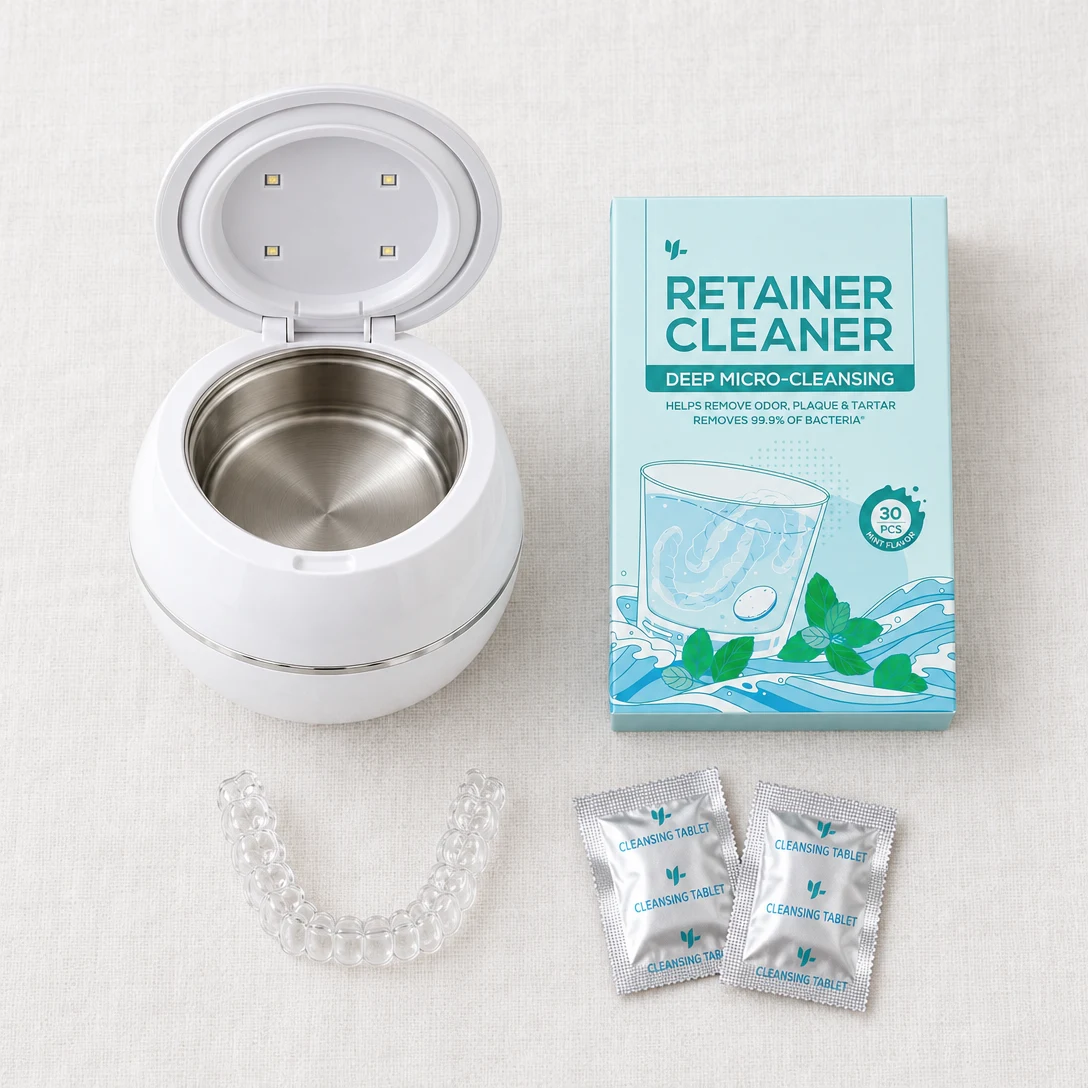 The PureDental Cleaner, its box of Sterilizing Tablets and a clear aligner