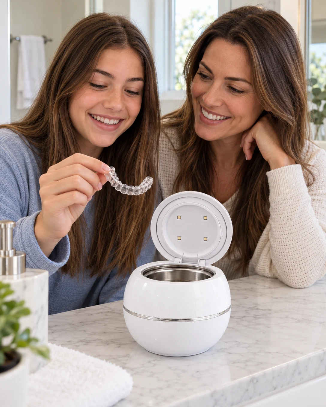 A parent and a teen at a bathroom counter with the PureDental Cleaner