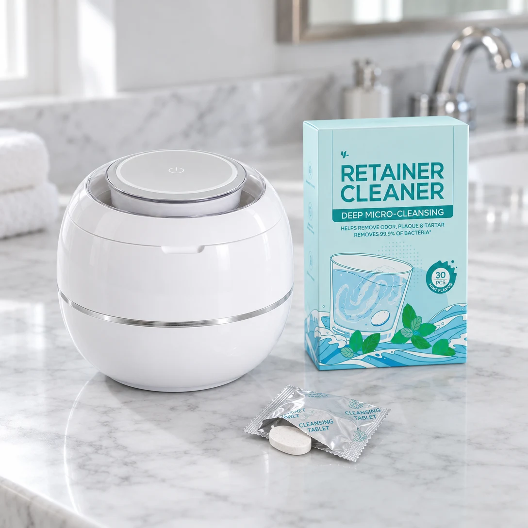 The PureDental Cleaner beside its box of Sterilizing Tablets