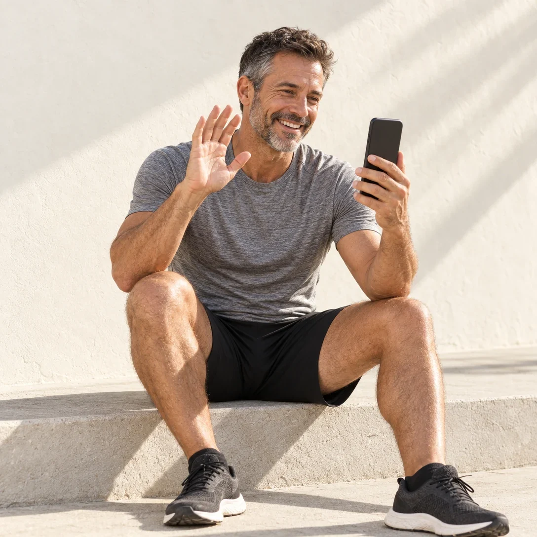 A fit man in his late forties on a video call on his phone after a morning run