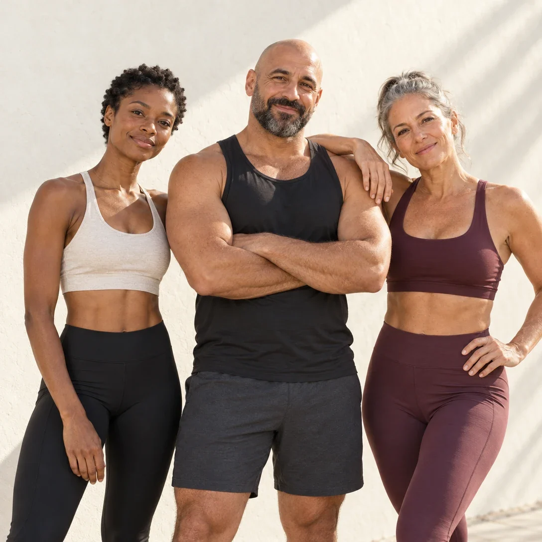Three fit people of different ages and builds standing side by side in the sun