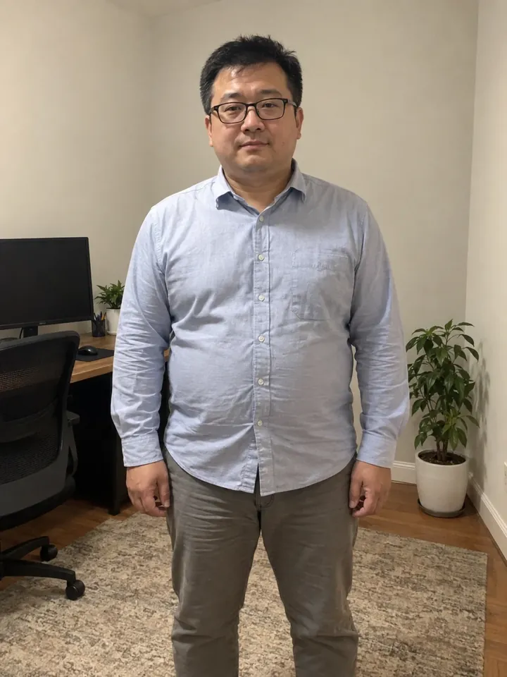 Illustrative before photo: a man in his 40s in his home office