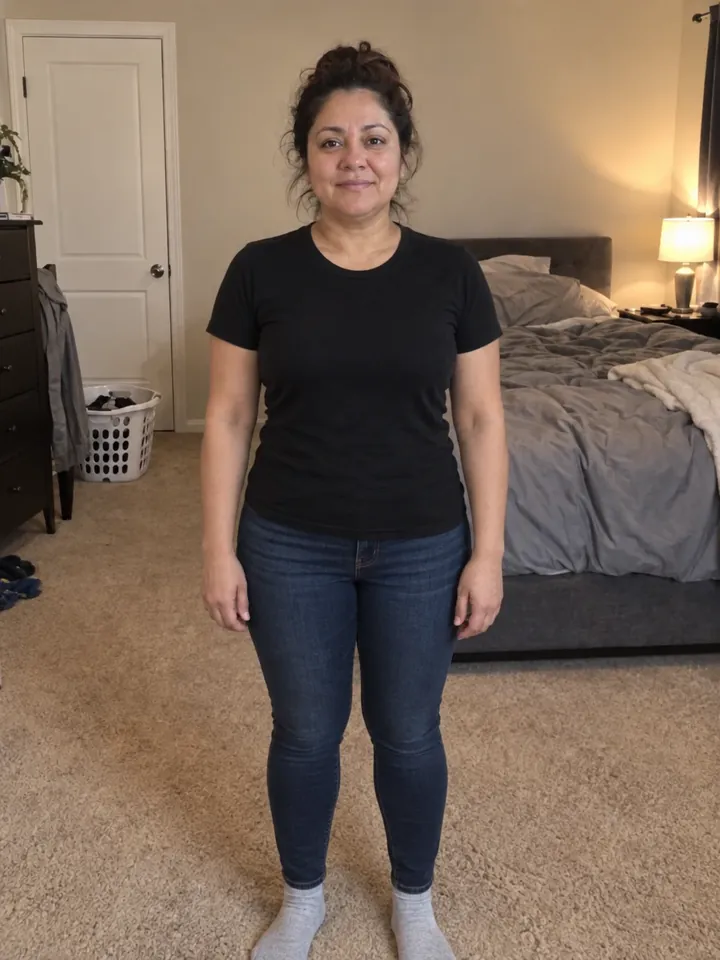 Illustrative after photo: the same woman, months later
