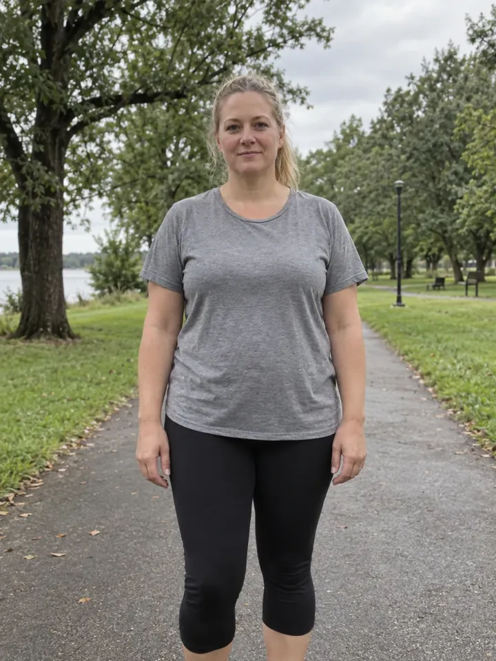 Illustrative before photo: a woman in her 30s on a park path