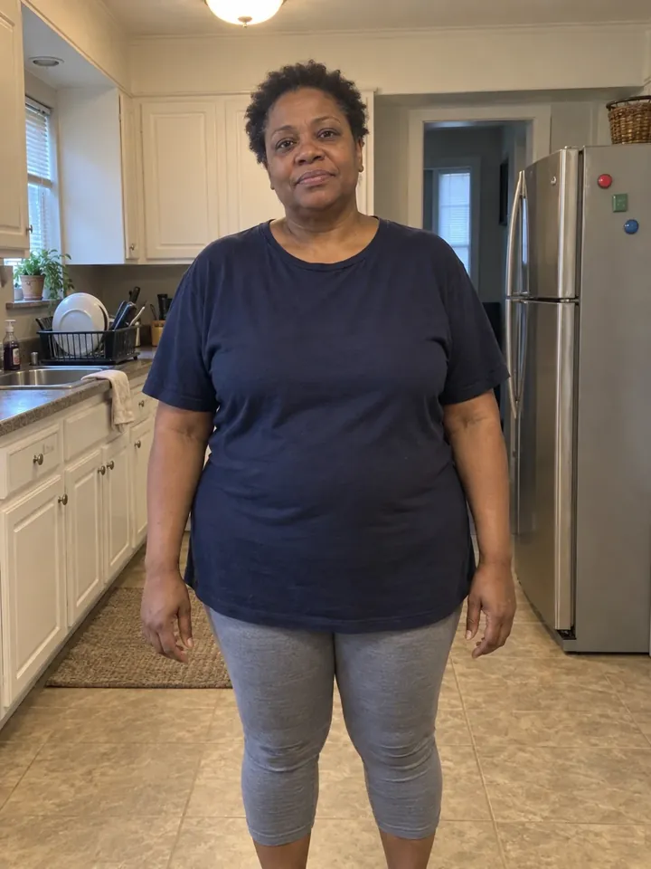 Illustrative before photo: a woman in her 50s in her kitchen