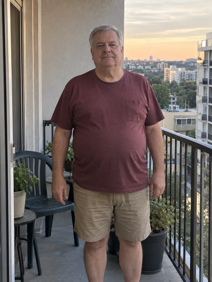 Illustrative before photo: a man in his 60s on his apartment balcony