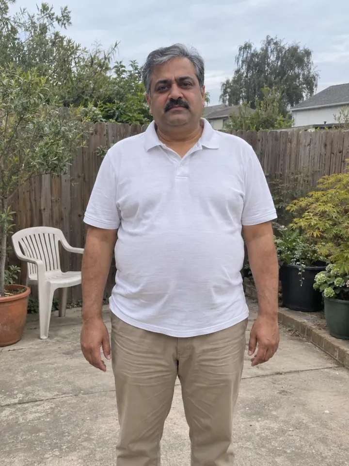 Illustrative before photo: a man in his 40s on his backyard patio