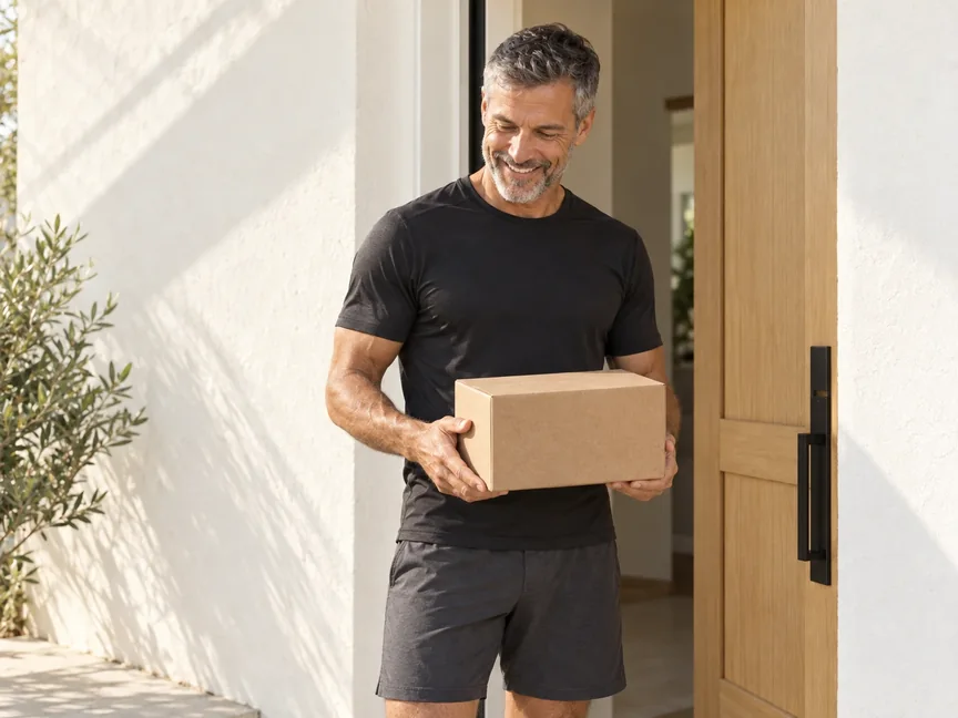 A fit man in his early fifties in training clothes at his front door, smiling as he holds a small plain shipping box