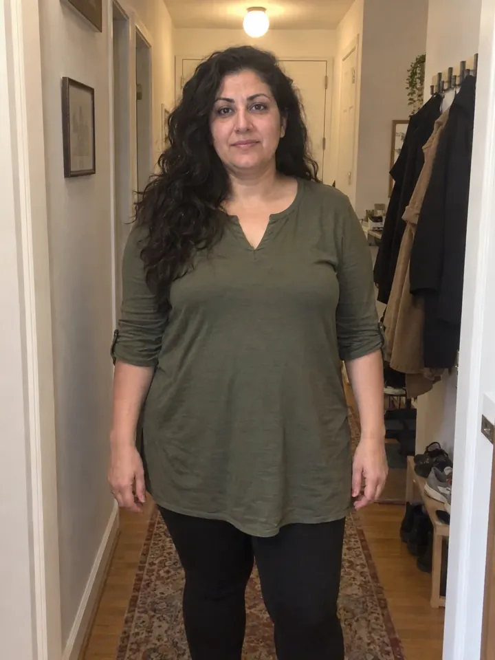 Illustrative before photo: a woman in her 40s in her hallway