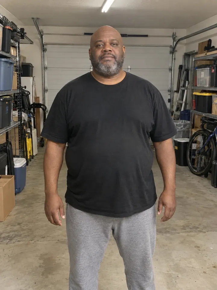Illustrative before photo: a man in his 50s in his garage