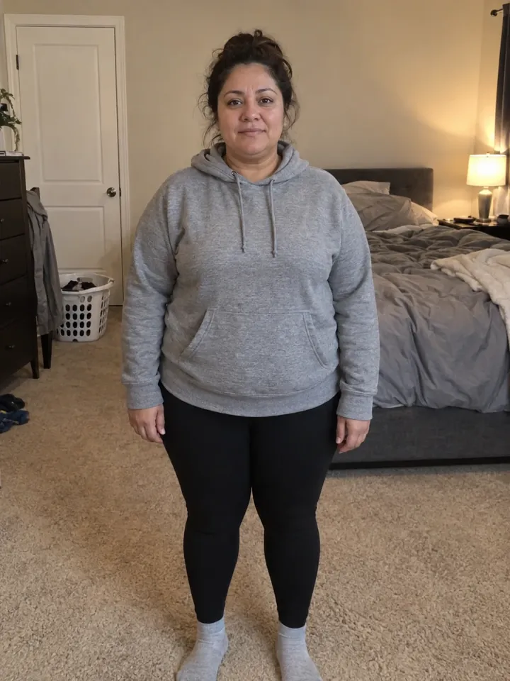 Illustrative before photo: a woman in her 40s at home in her bedroom