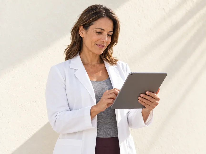 A physician in her late forties in a white coat, smiling as she reviews a patient plan on a tablet