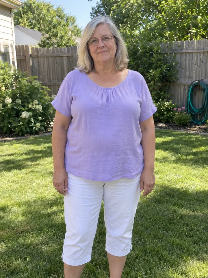 Illustrative before photo: a woman in her 60s in her backyard