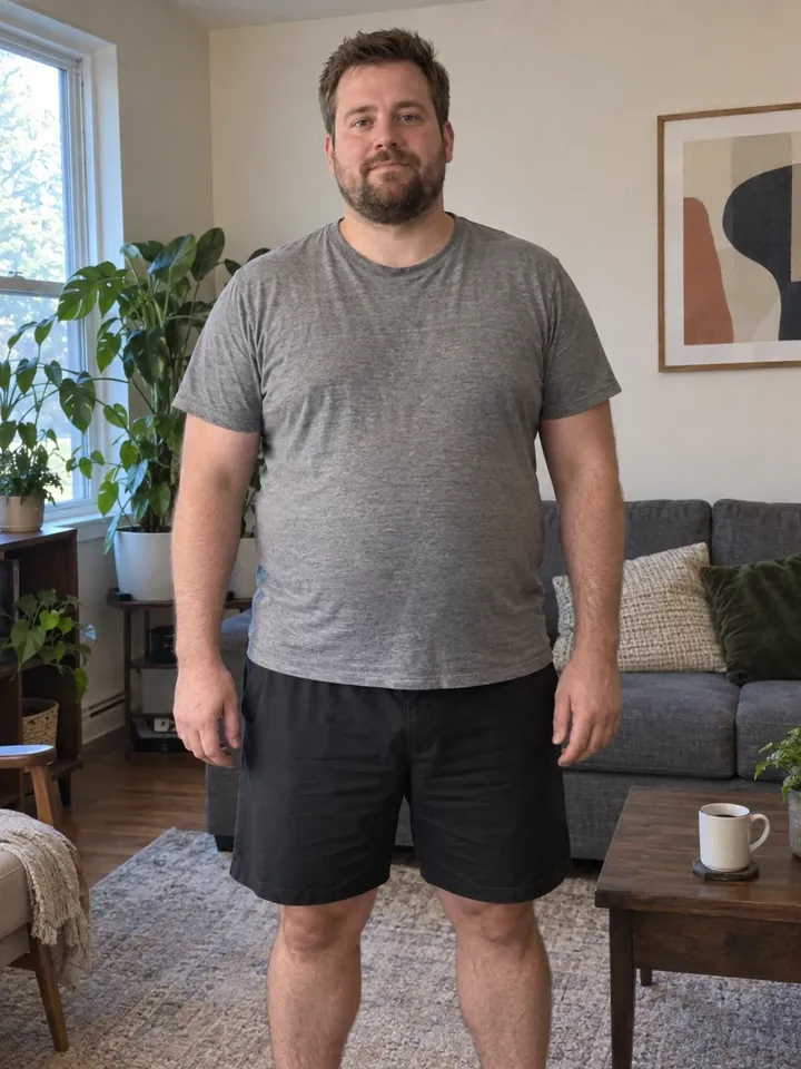 Illustrative before photo: a man in his 30s in his living room