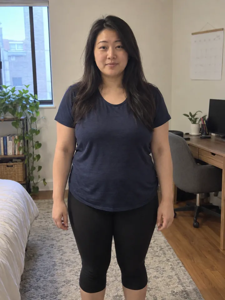 Illustrative before photo: a woman in her 30s in her apartment