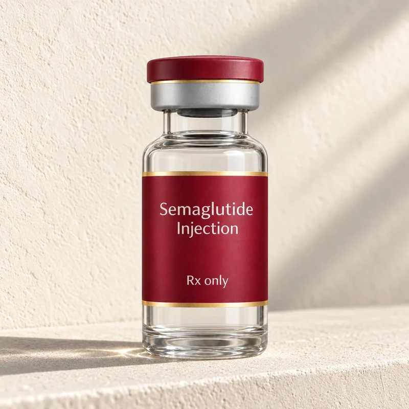 Semaglutide injection vial on a sunlit plaster ledge