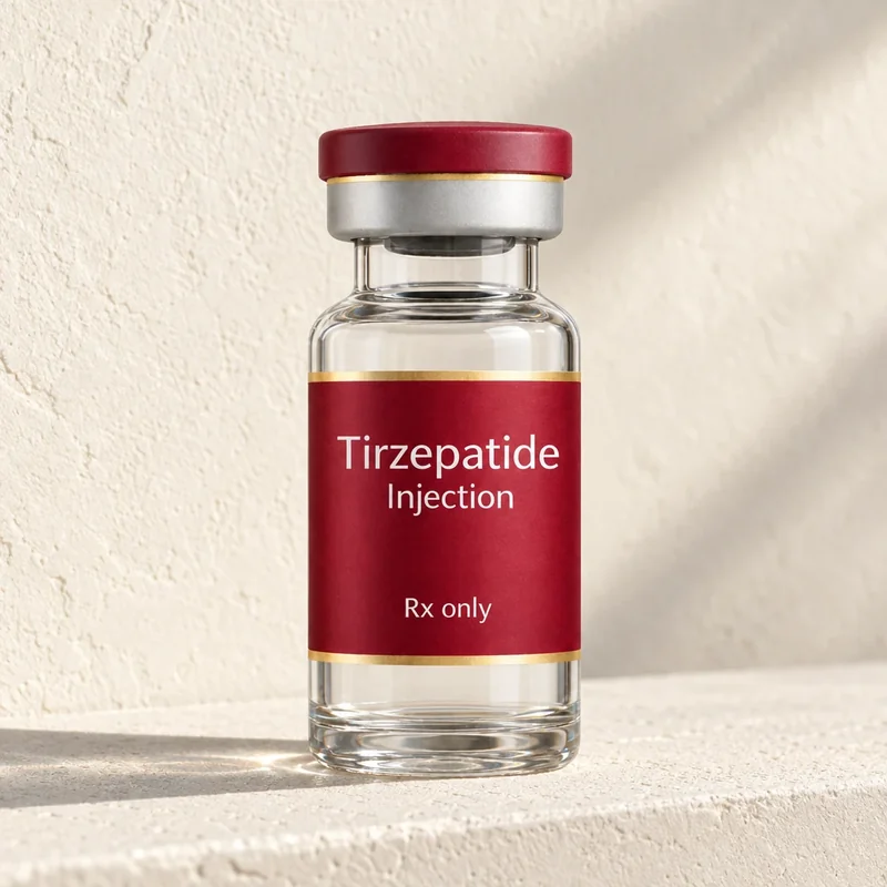 Tirzepatide injection vial on a sunlit plaster ledge