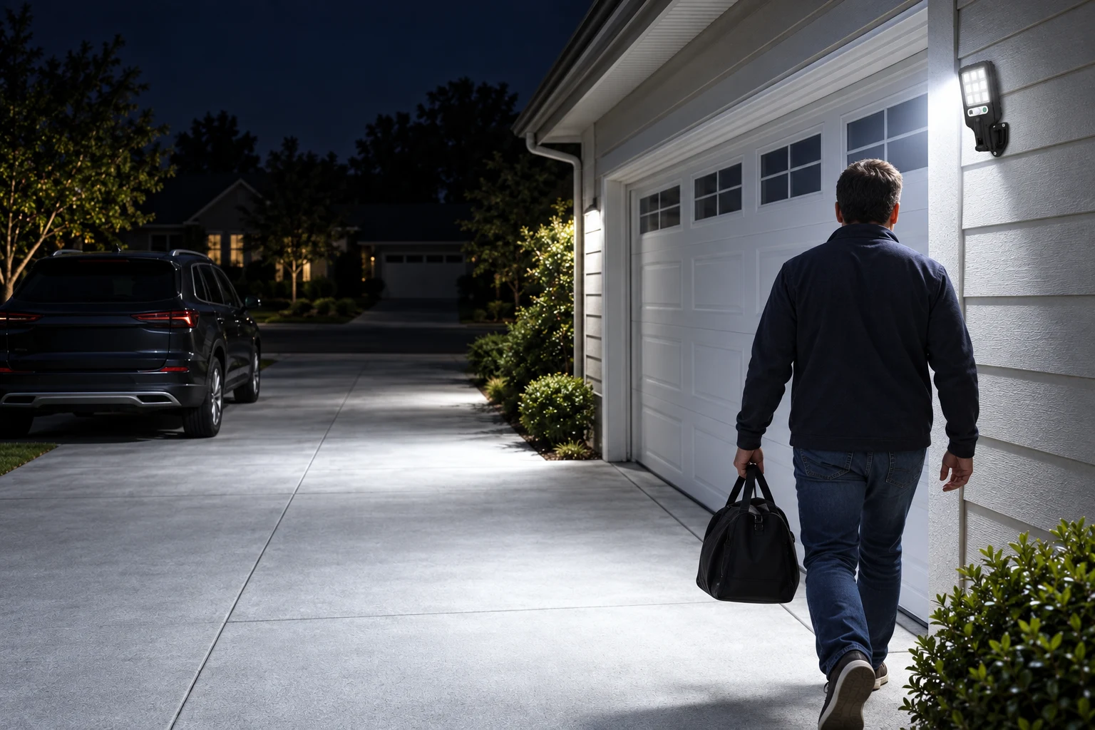 Man walking up a driveway lit by the compact solar street light beside the garage door
