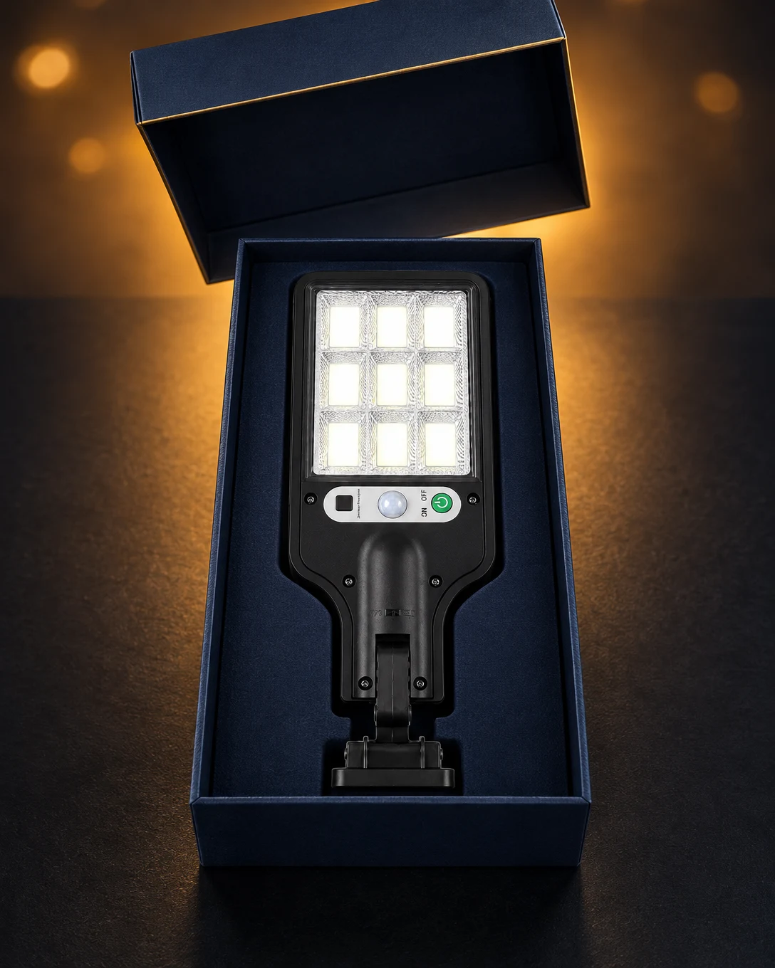 Energy Solar Lighting 50W solar street light inside an open navy gift box