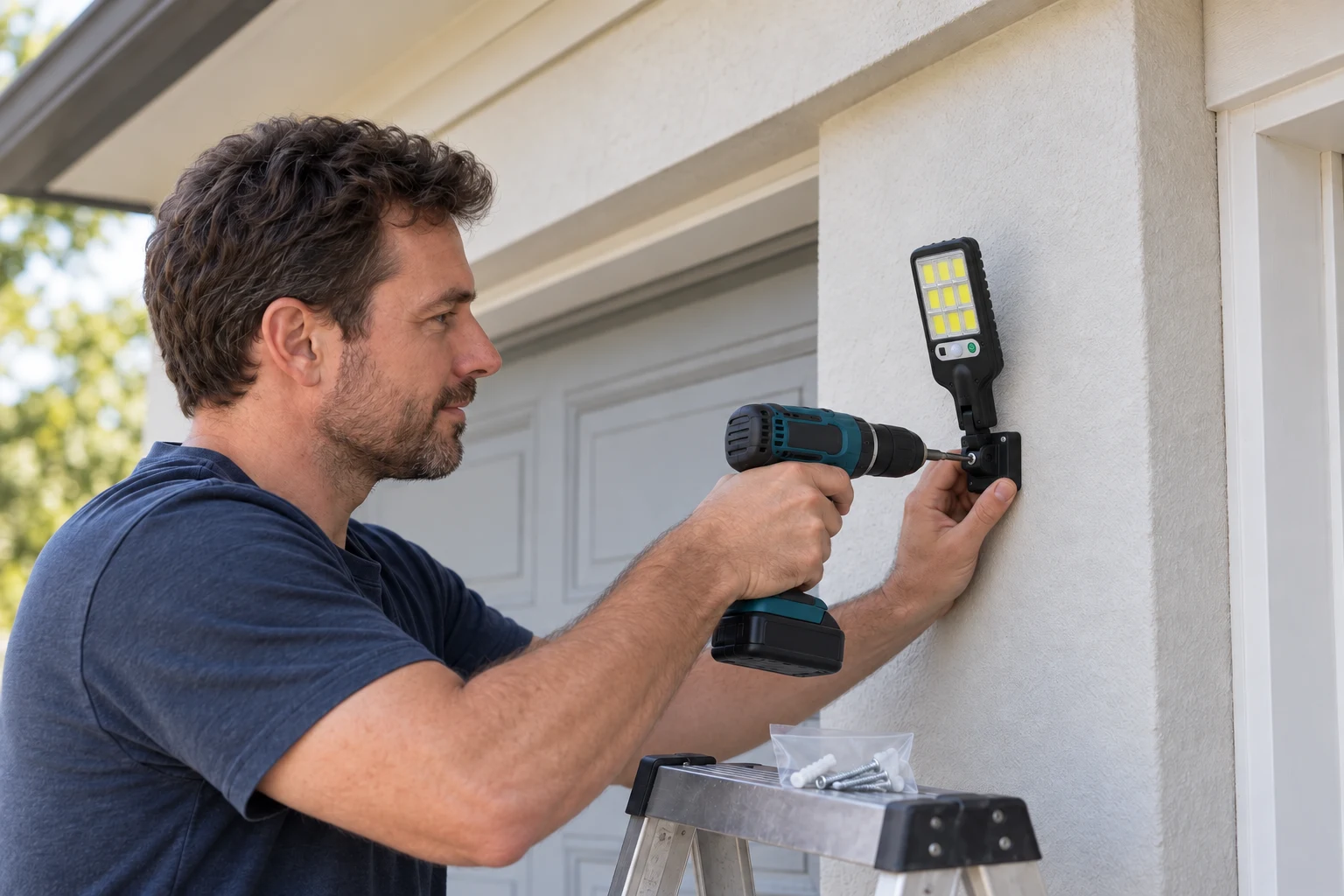 Homeowner on a step ladder screwing the solar street light's wall bracket to a garage wall
