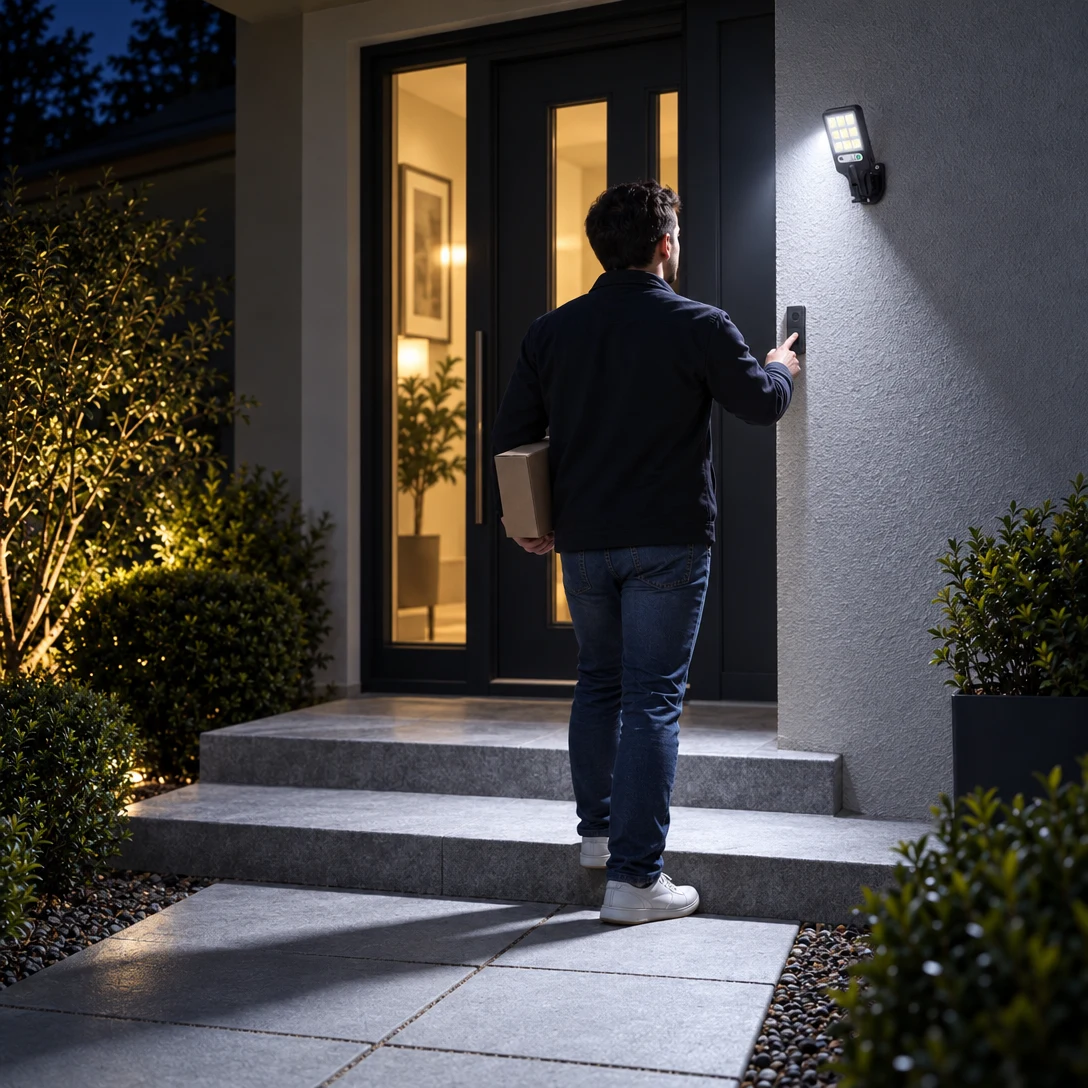 Compact solar street light beside a front door lighting the path at night
