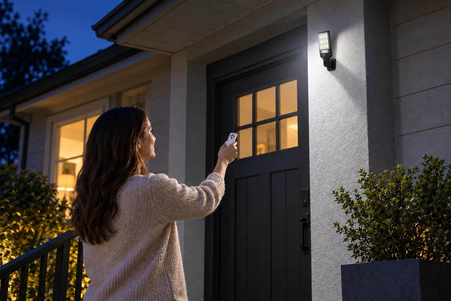 Woman using the remote to switch modes on the solar street light above her front door