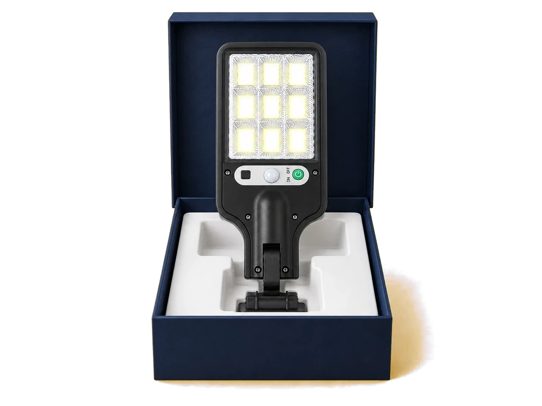 The 50W solar street light standing in an open navy presentation box