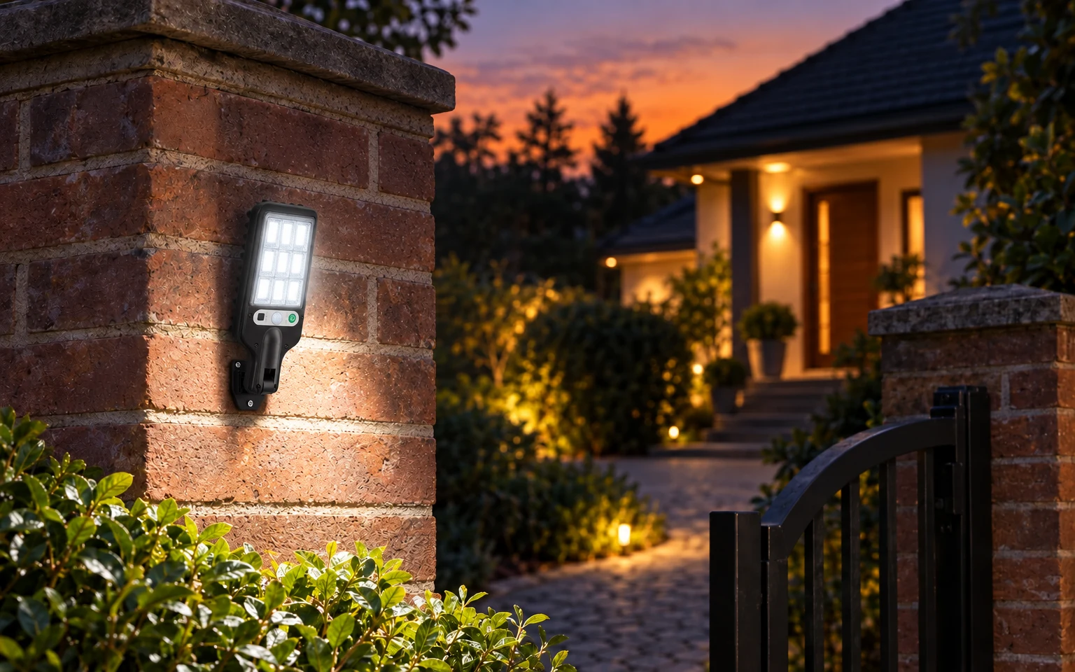 Solar street light switching on by itself at sunset on a garden wall