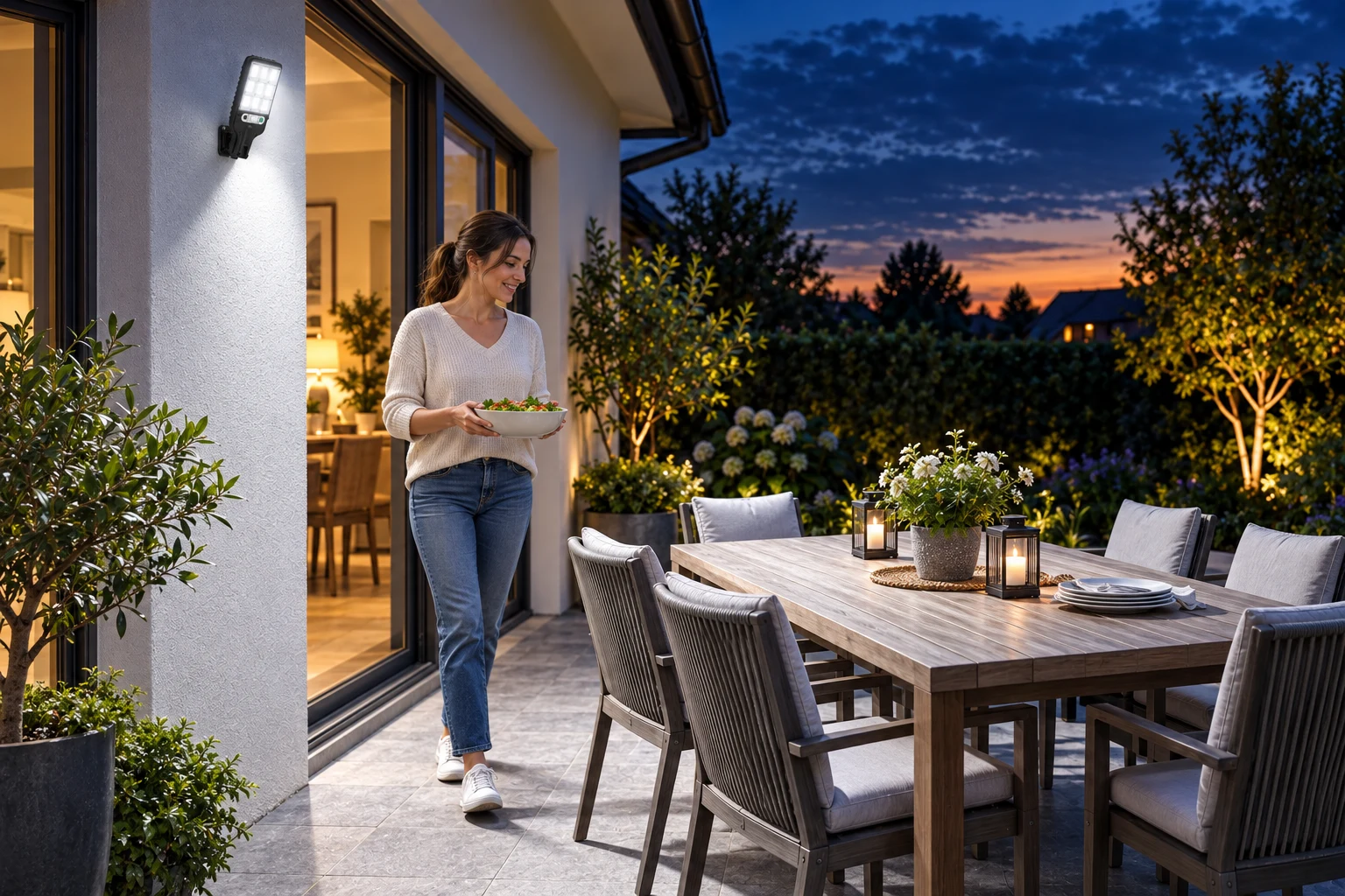 Woman stepping onto the patio at dusk as the compact solar street light beside the door switches on
