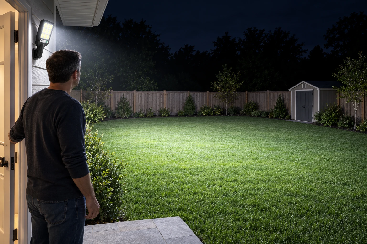 Man at the back door as one compact solar street light lights the whole backyard lawn at night