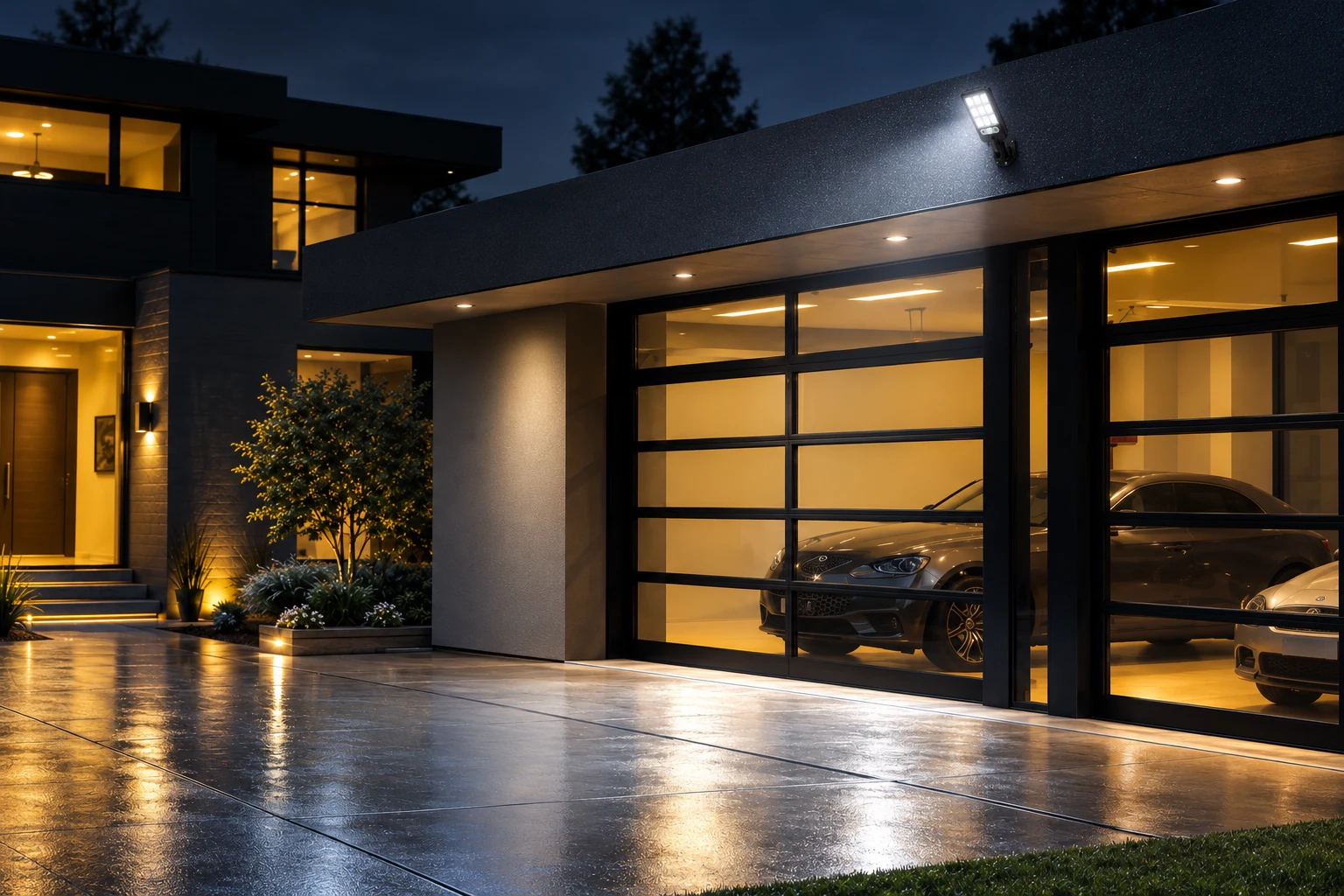 Compact solar street light above a garage door lighting the driveway at night