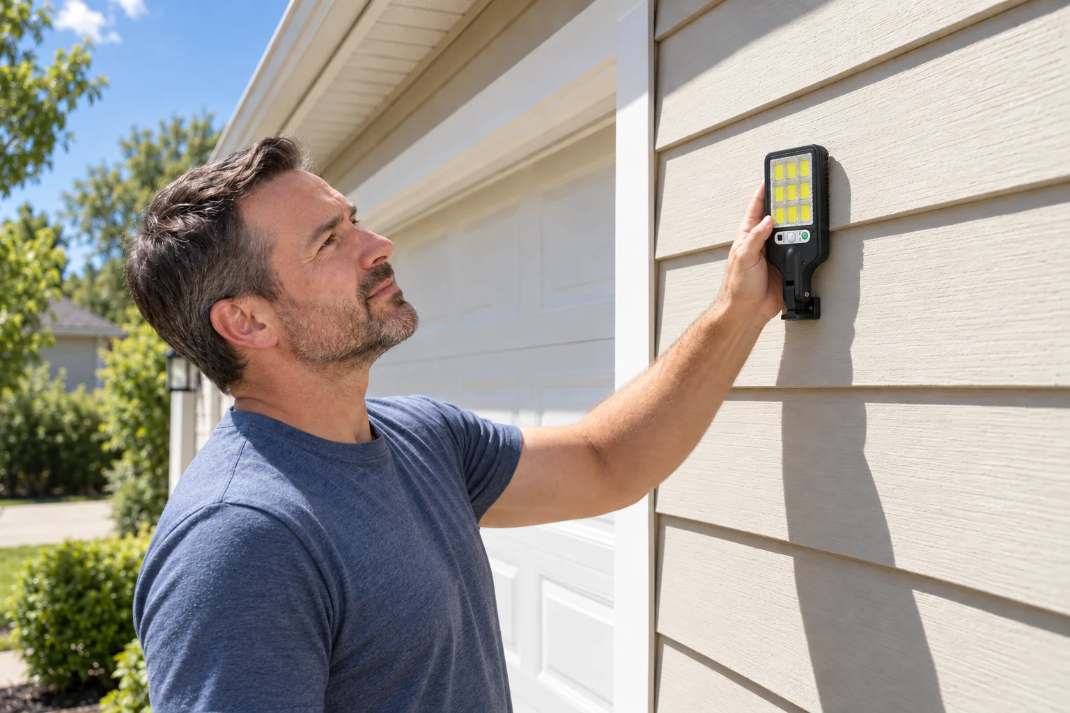 Homeowner holding the solar street light against a sunny garage wall to choose a spot