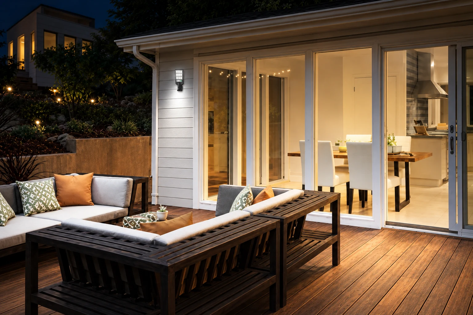 Compact solar street light on the wall beside a patio door, lighting an outdoor sitting area at dusk