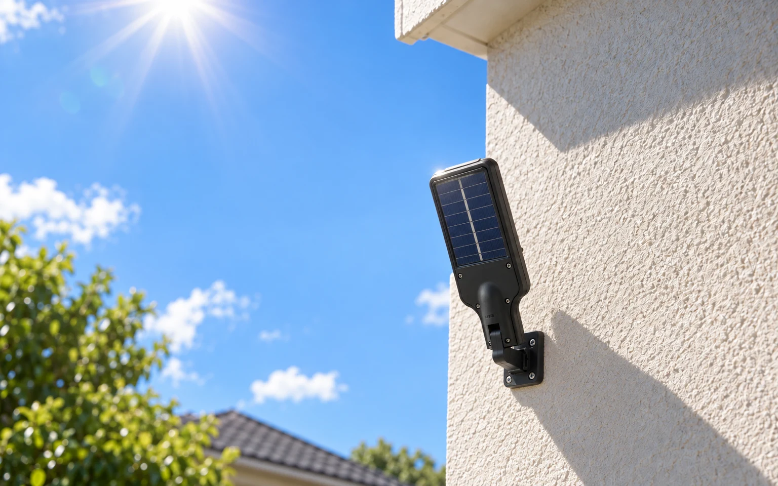 Solar street light on a sunny wall charging in direct midday sun
