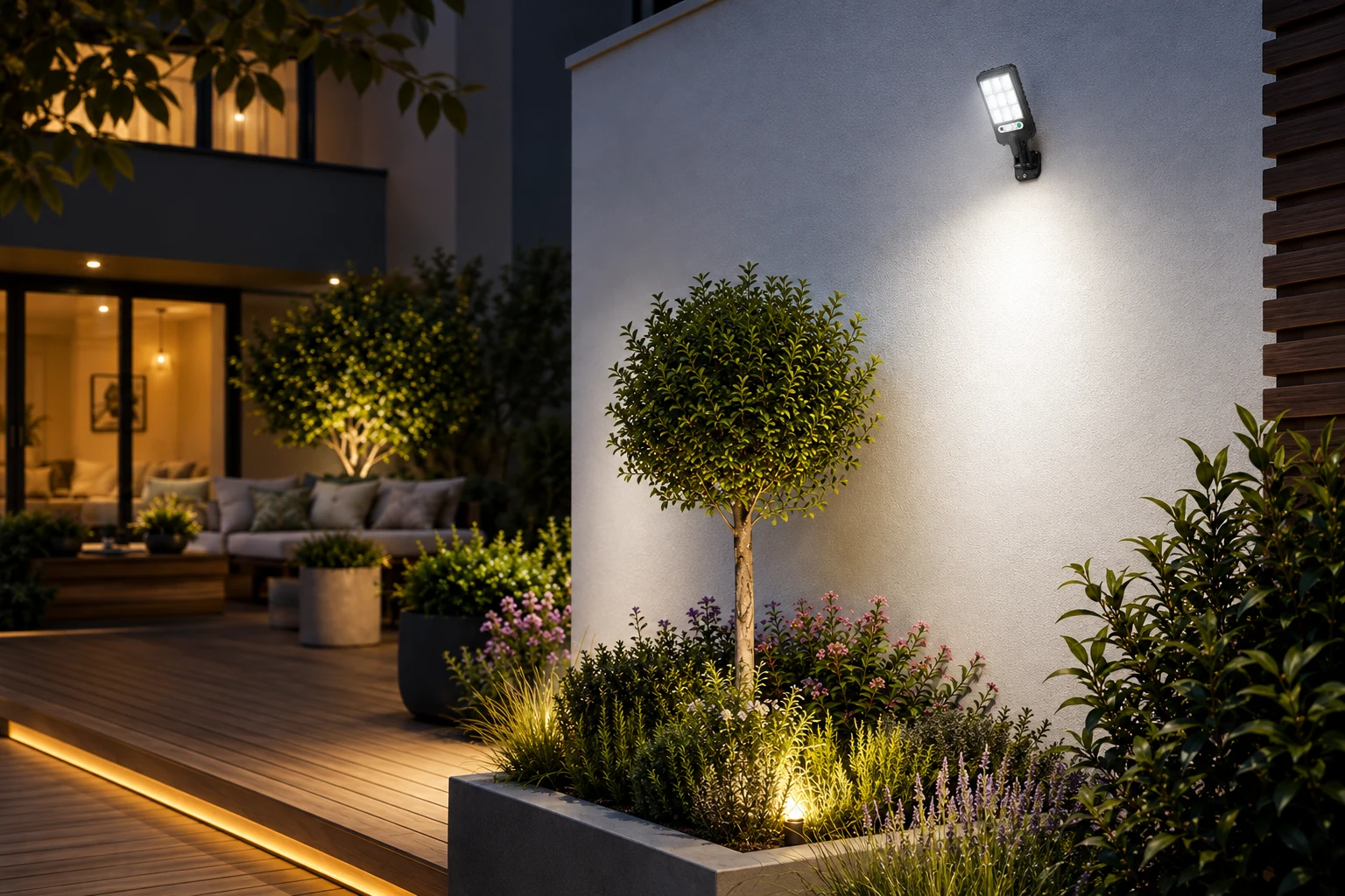 Compact solar street light on a garden wall lighting planted beds at night