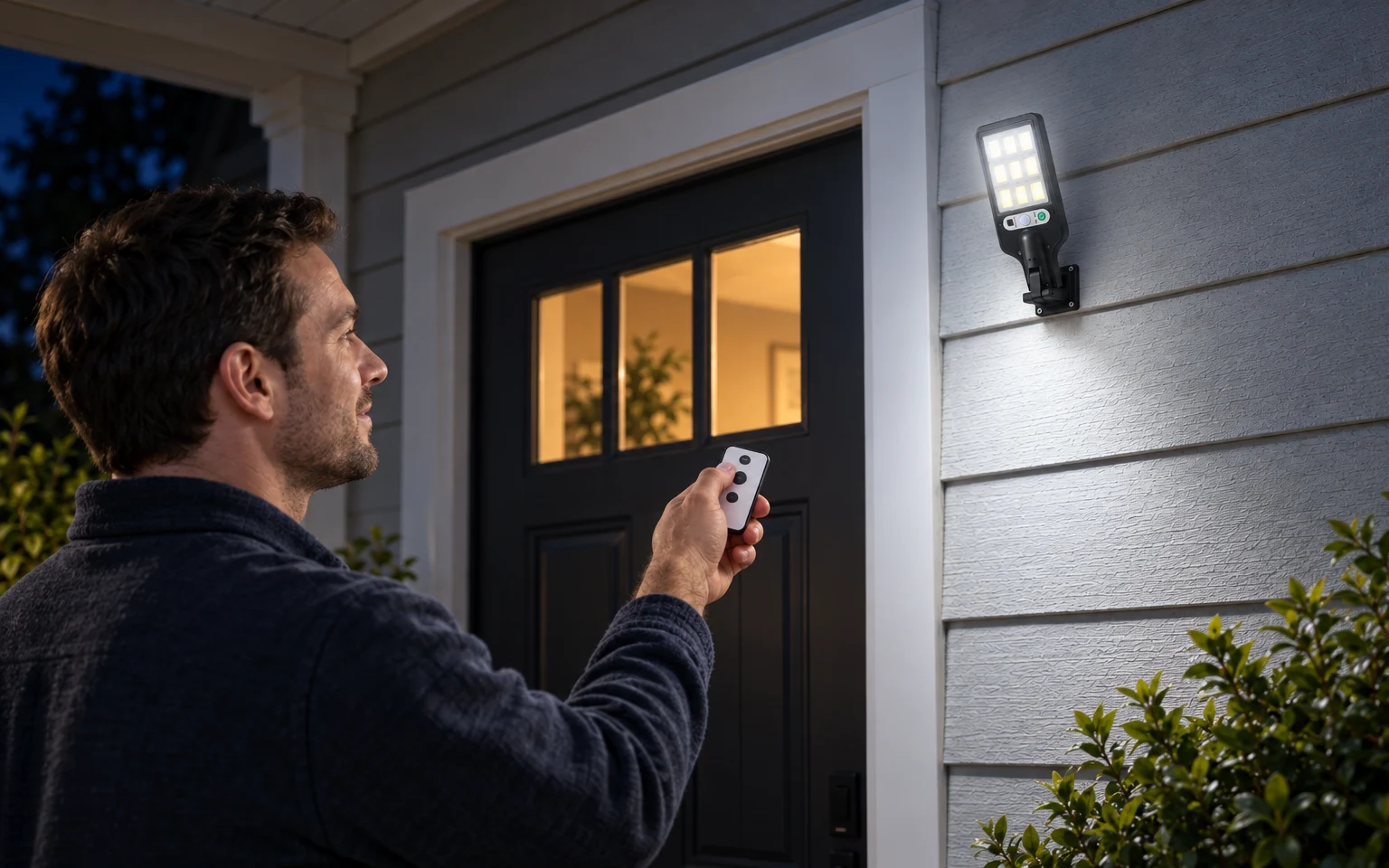 Man pointing the remote control at the compact solar street light beside his front door at night