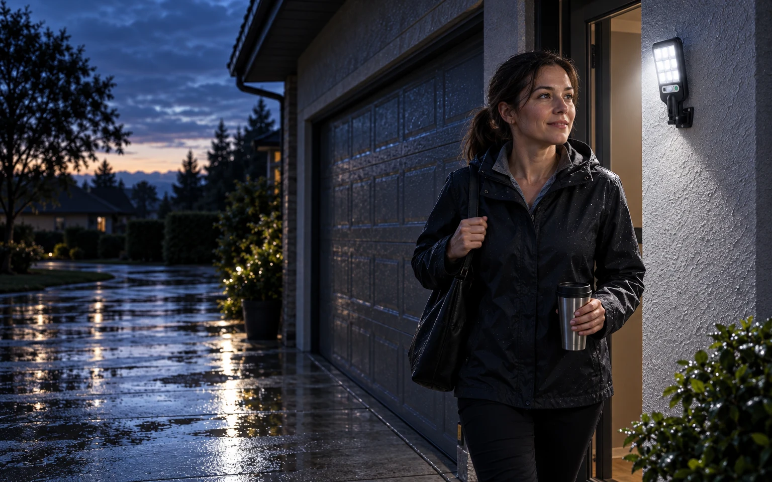 Compact solar street light still shining before dawn as a woman heads out across the wet driveway