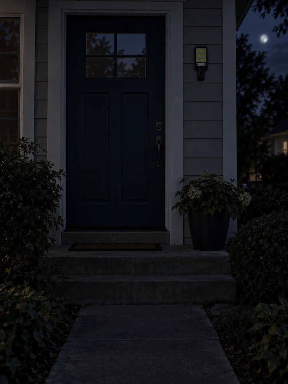 Illustrative: a front entryway at night with the Mini light off