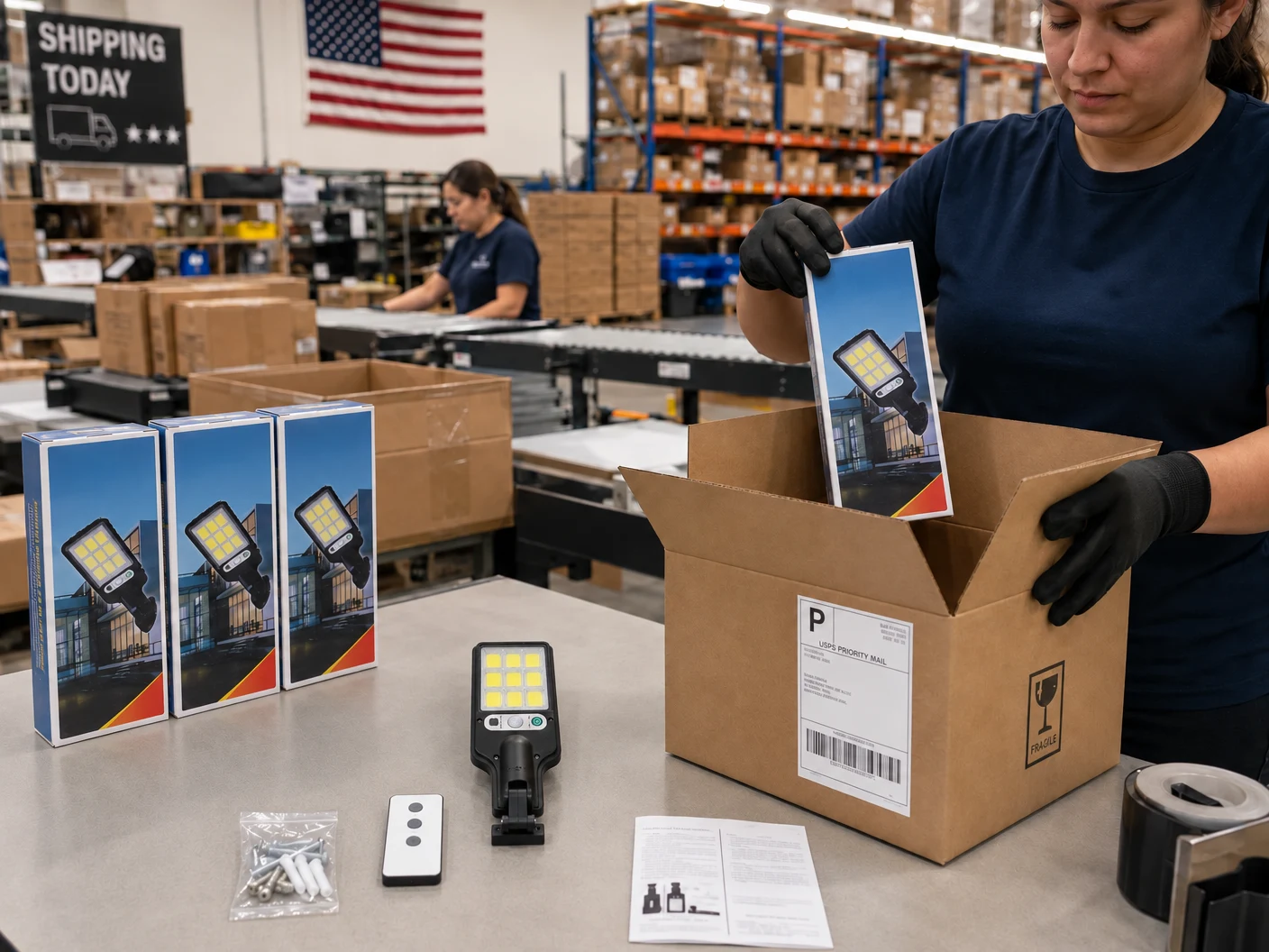 Energy Solar Lighting orders being packed in our U.S. warehouse