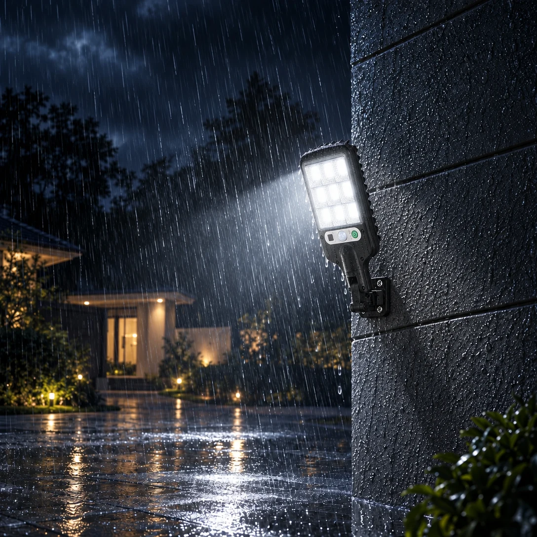 Solar street light shining through heavy rain at night