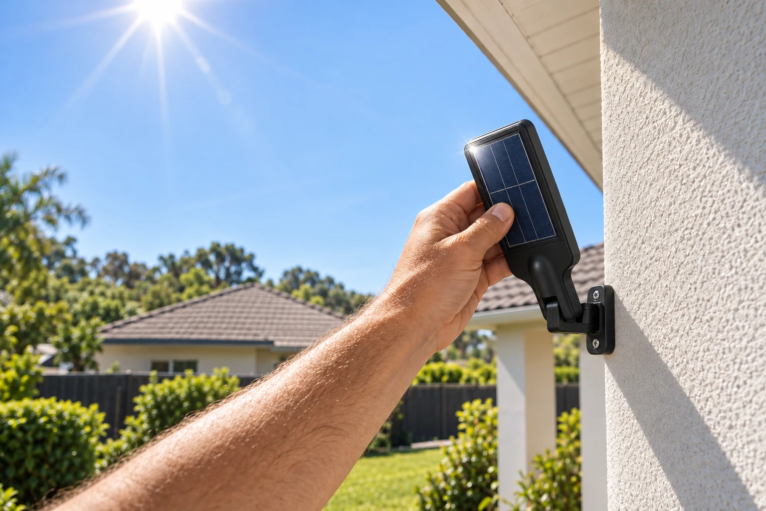Tilting the mounted solar street light on its swivel arm toward the sun