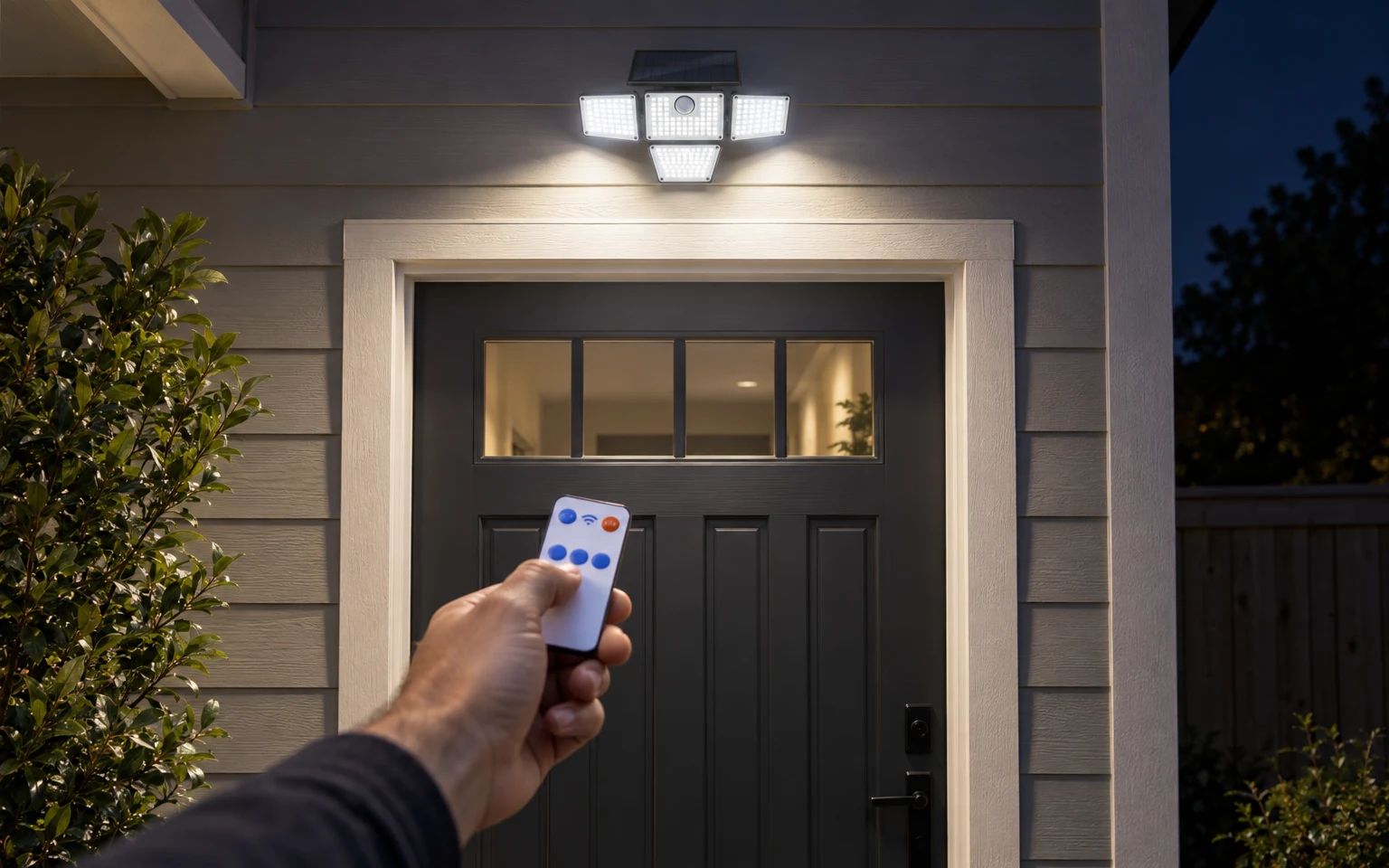 A hand pointing the small remote up at the mounted flood light to change its mode